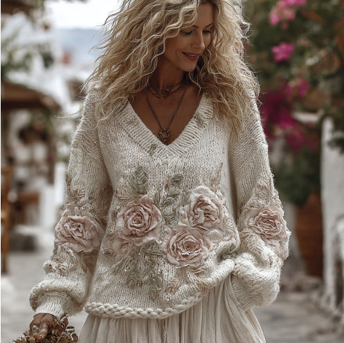 Relaxed Loose-fitting V-neck Pullover with Heavy-duty Print High-end Style