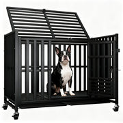 43.8h Rolling Heavy Duty Dog Crate, Sturdy And Durable, With 3 Doors, 4 Wheels With 360 Degree Rotation And 2 Removable And Washable Dog Trays, Black