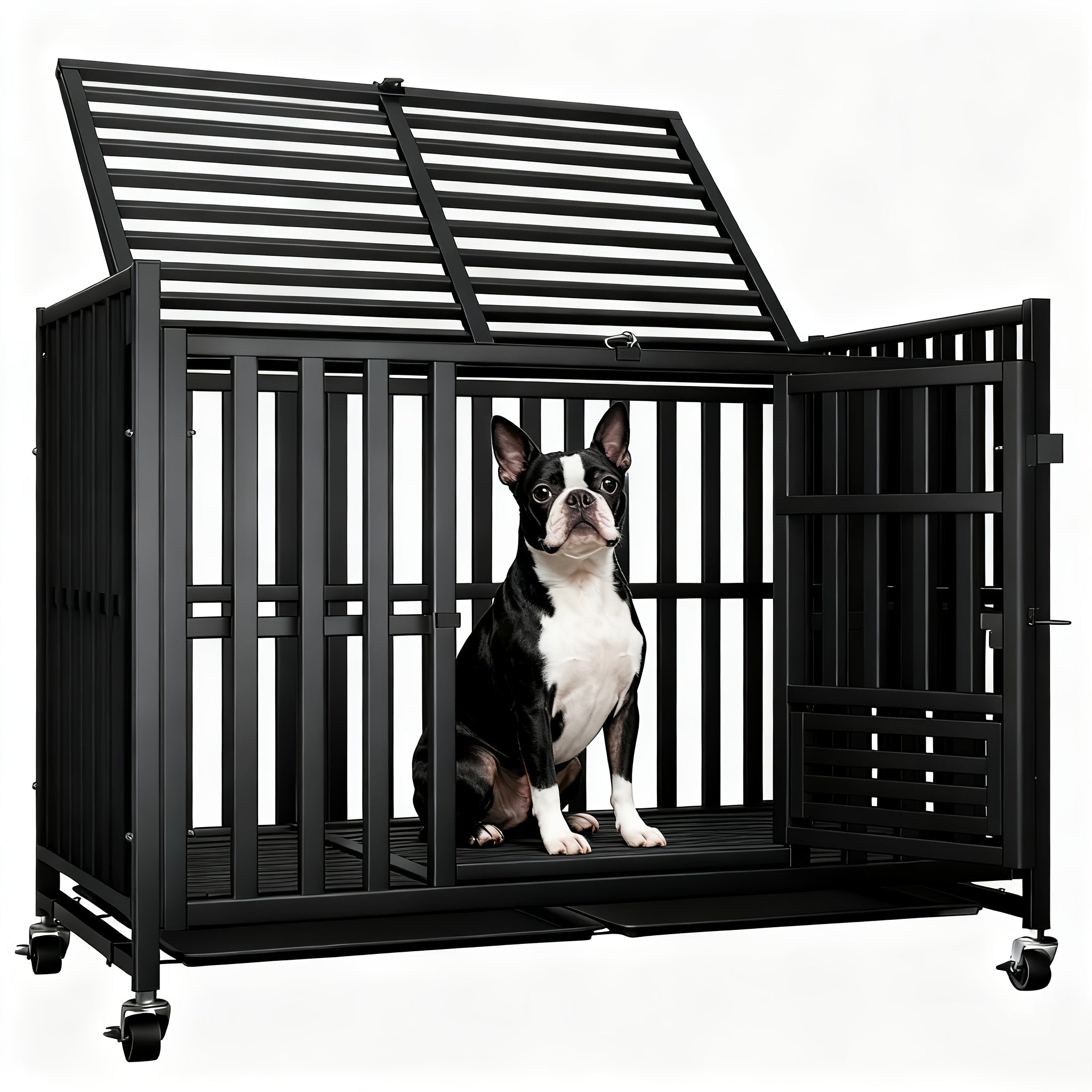 43.8h Rolling Heavy Duty Dog Crate, Sturdy And Durable, With 3 Doors, 4 Wheels With 360 Degree Rotation And 2 Removable And Washable Dog Trays, Black