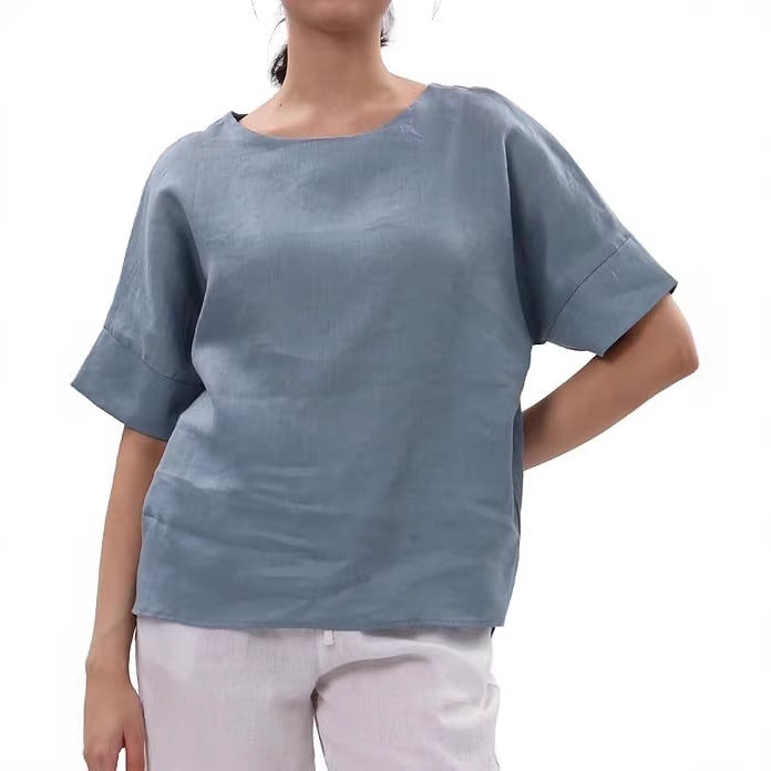 Linen Top Crew-neck Short-sleeve Shirt