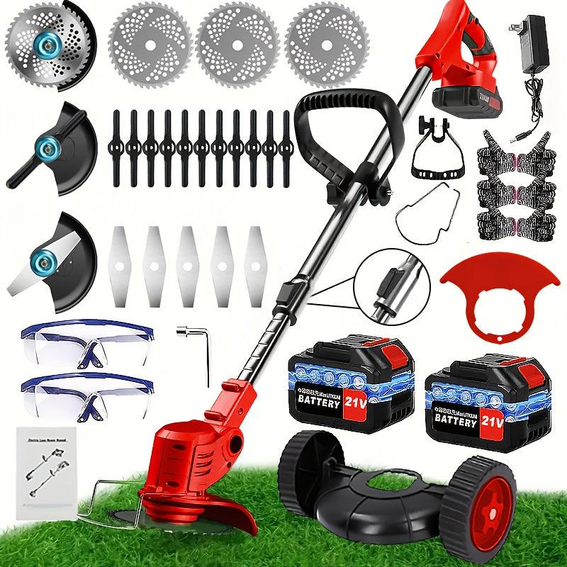 21V Cordless Handheld Multi‑Function Electric Lawn Mower with 2 Lithium Batteries and Triple Blade Set