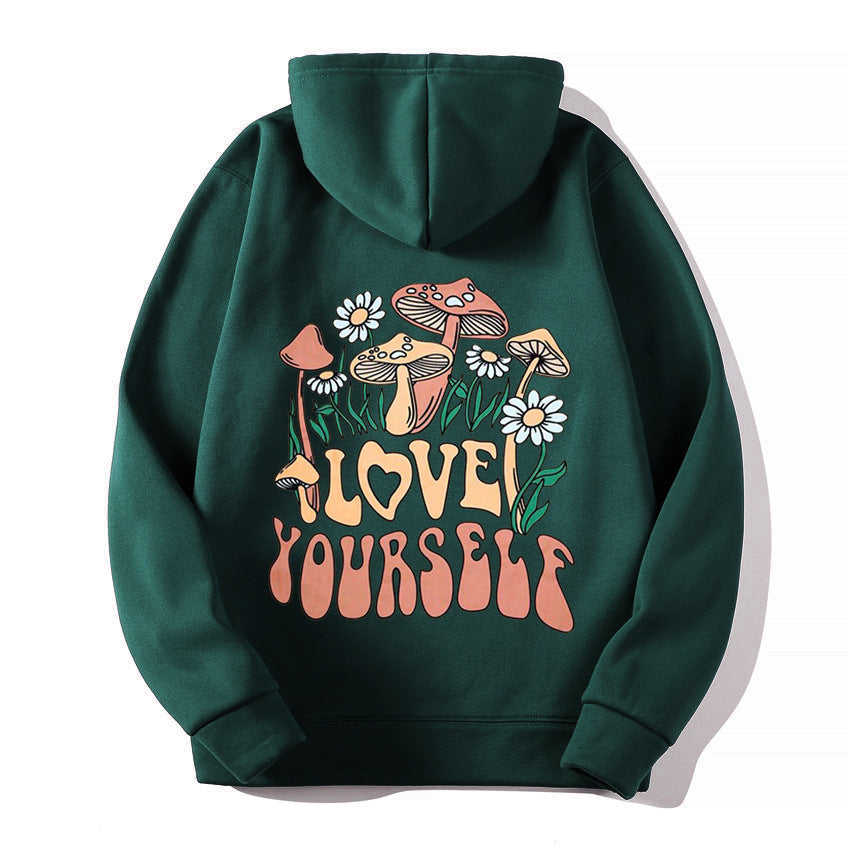 Plus Size Cute Mushroom Slogan Cozy Pullover Hoodie