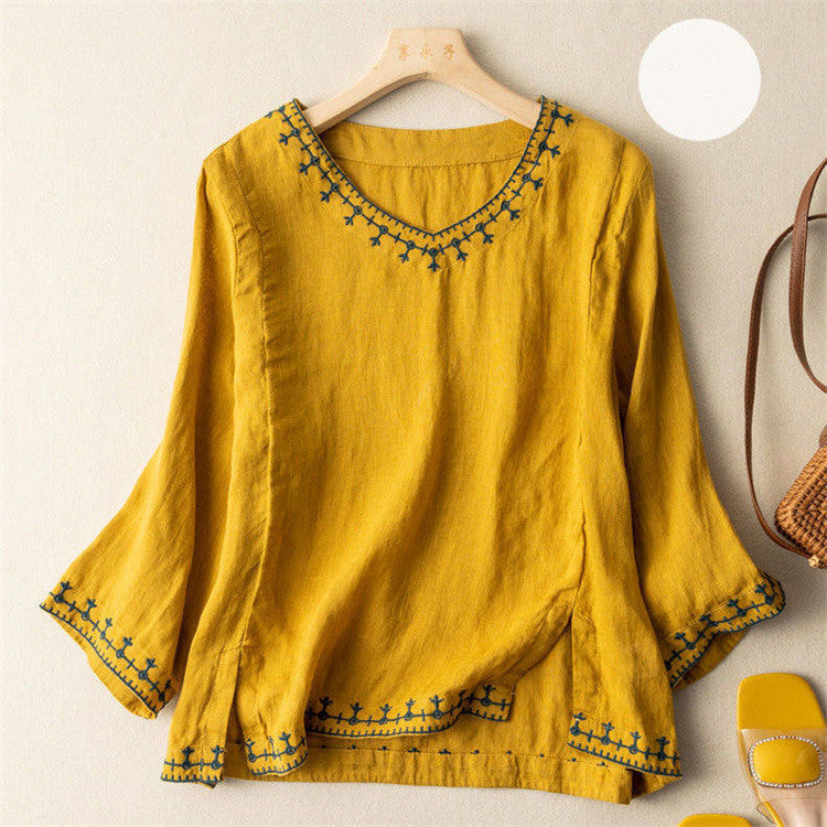 Embroidered Cotton Linen V-Neck Top