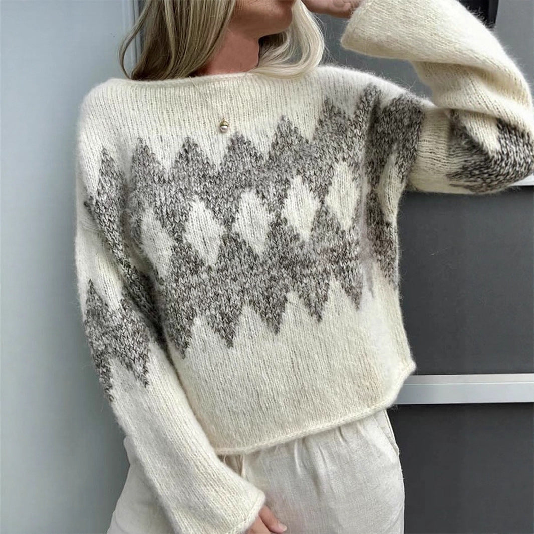 Women's Casual Simple Round Neck Jacquard Knitted Top