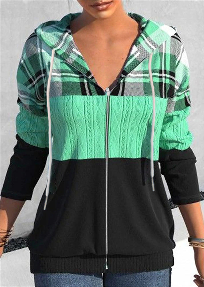 Women's Plaid Hooded Zipper Cardigan Sweater