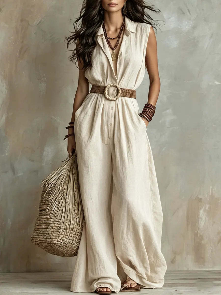 Elegant V-Neck Button-Front Casual Sleeveless Jumpsuit