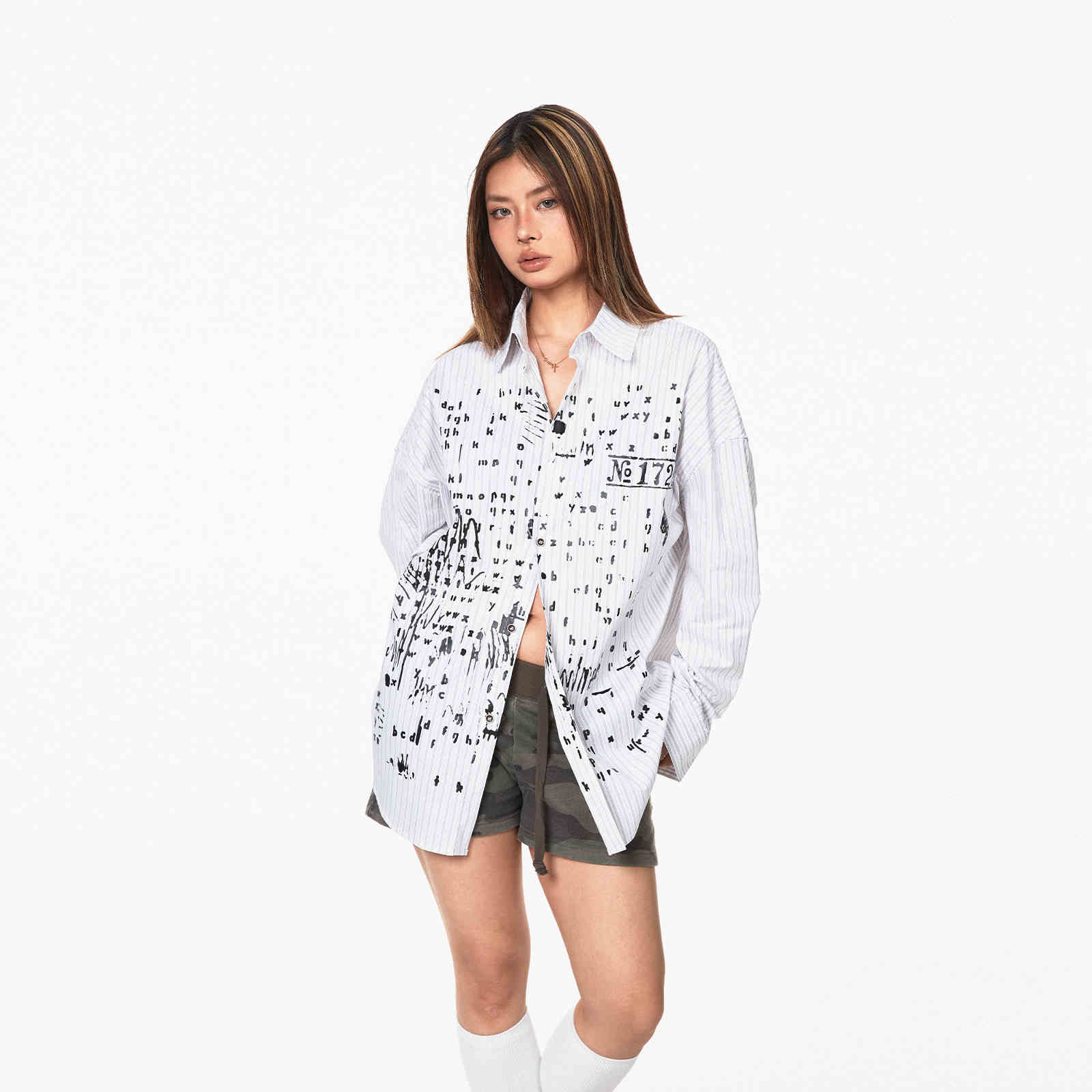 Letter Printed Striped Long-sleeved Shirt Women's Shirt Jacket