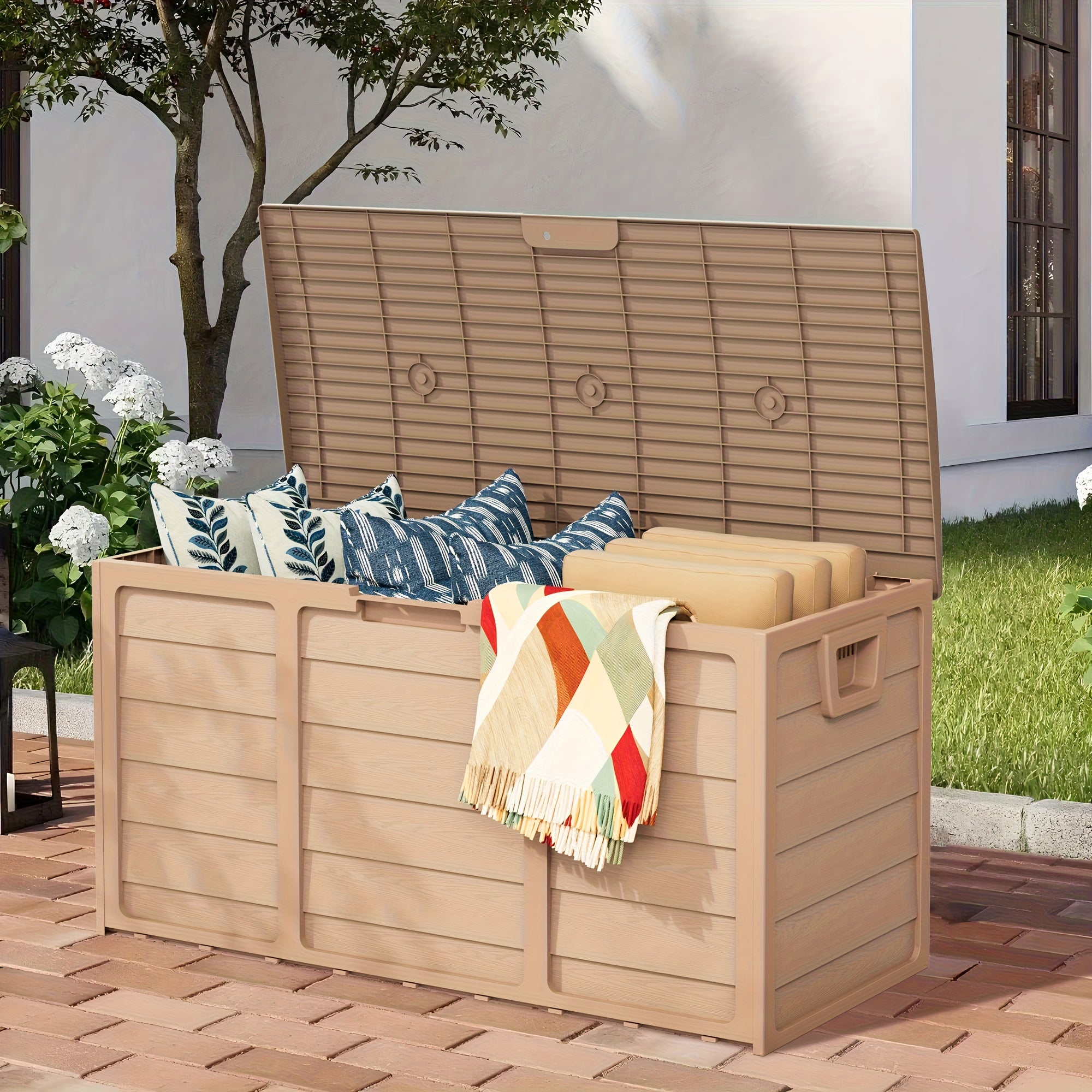 75-Gallon Outdoor Storage Box with Handles, Resin Deck Box for Garden Tools & Pool Accessories