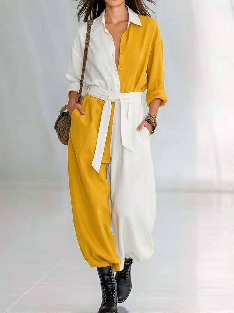 Spring Solid Colored Patchwork Long Sleeve Shirt Lace Up Jumpsuit