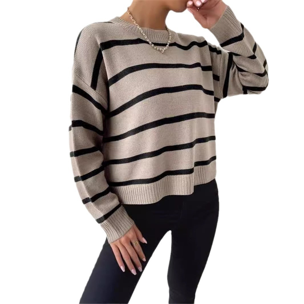Round Neck Pullover Long Sleeve Base Layer Color Block Sweater Women