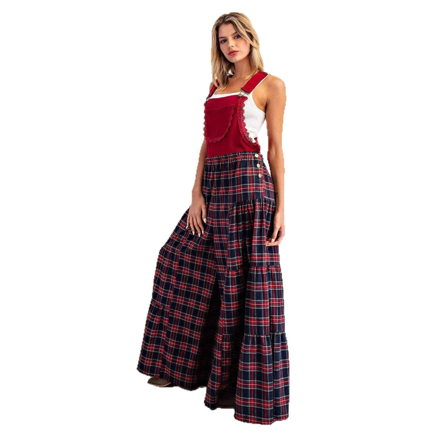 Women's Plaid Wide-Leg Loose Overalls Pants