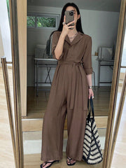 Elegant V-Neck Lace-Up Wide-Leg Jumpsuit