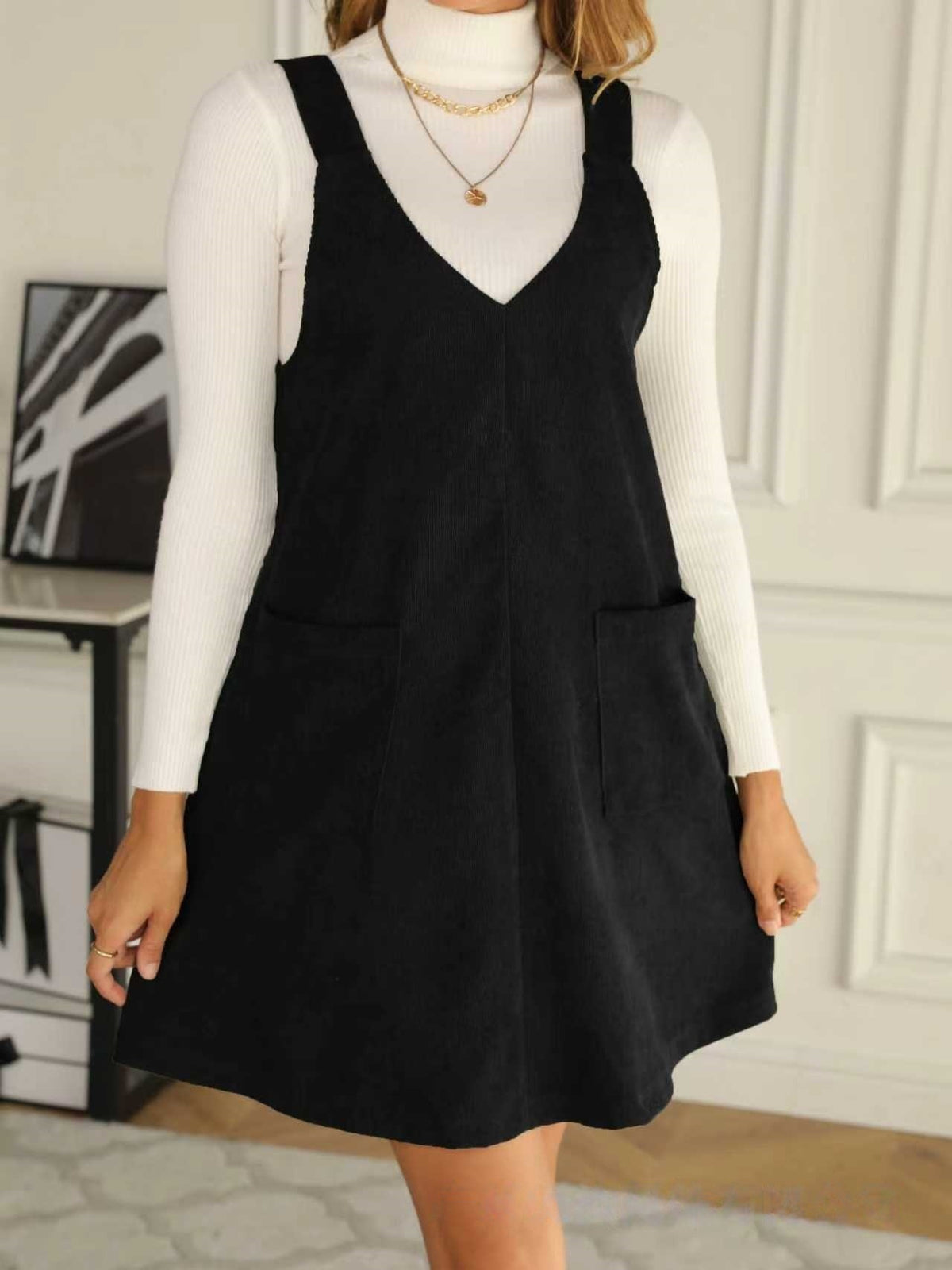 Trendy V-Neck Solid Corduroy Suspender Dress