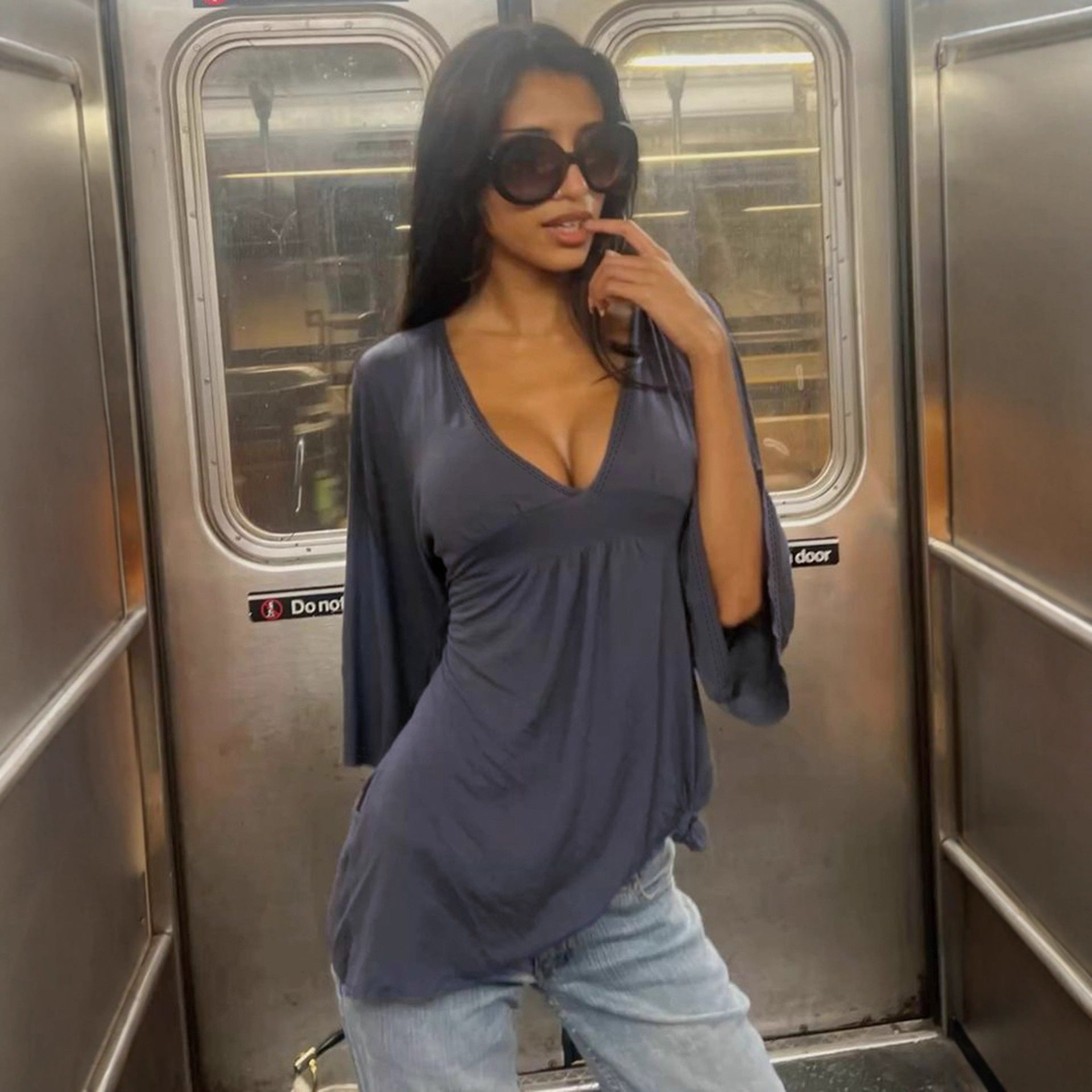 Chic V-Neck Trumpet Sleeve Top for Women