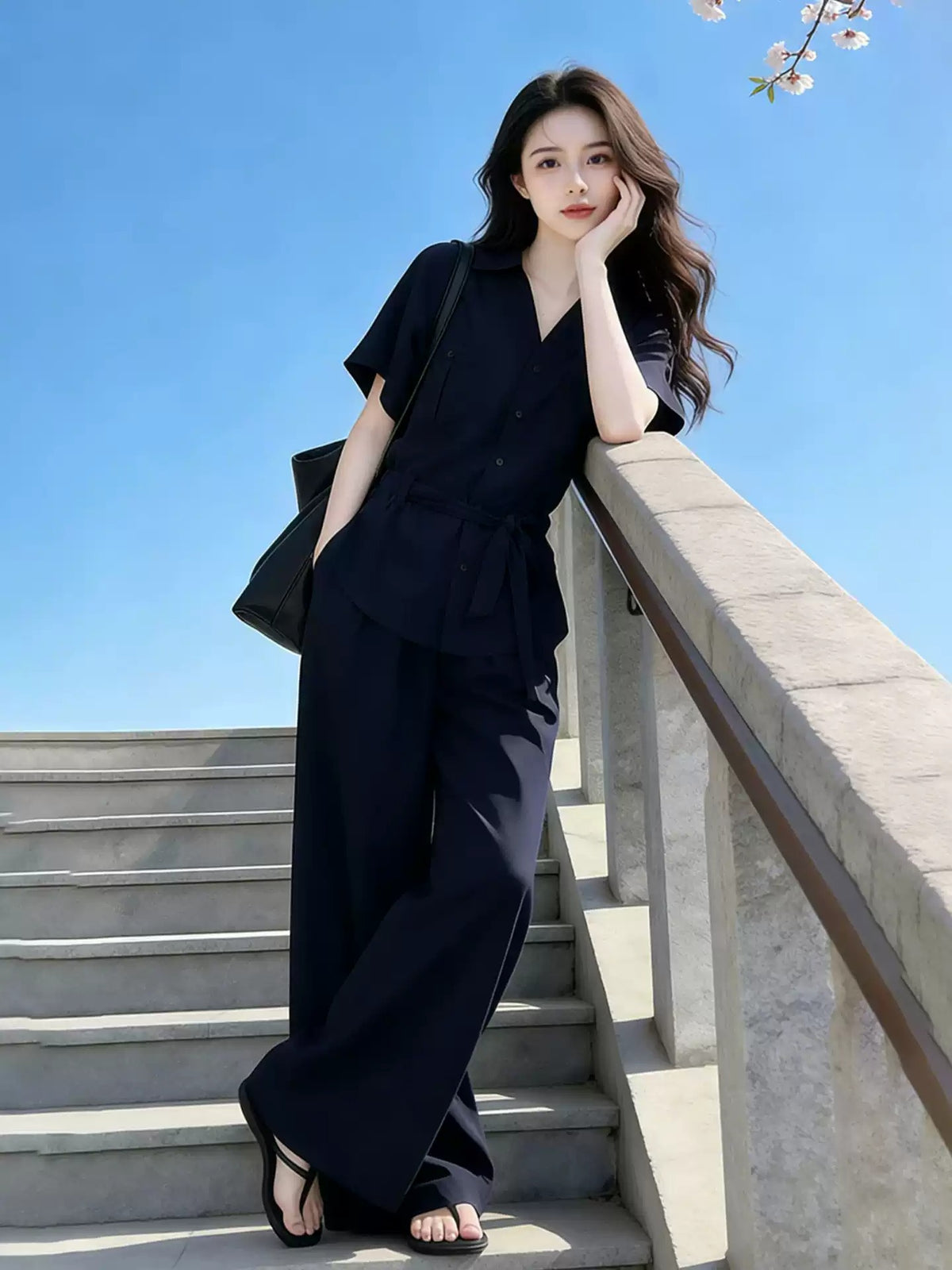 Korean Chic Commuter Shirt & Wide-Leg Pants Set