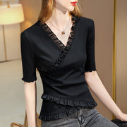 Ruffled Hem V-Neck T-Shirt with Fitted Waist & 3/4 Sleeves