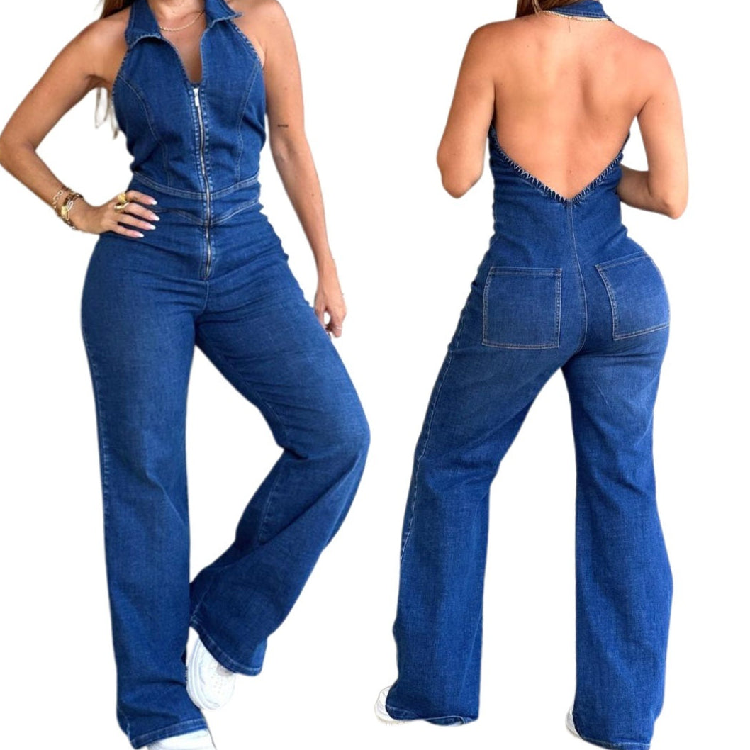 Retro Backless Denim Jumpsuit for Women