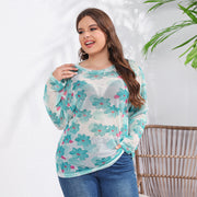 Green Mesh Crewneck Long Sleeve Top – Casual Printed Tee