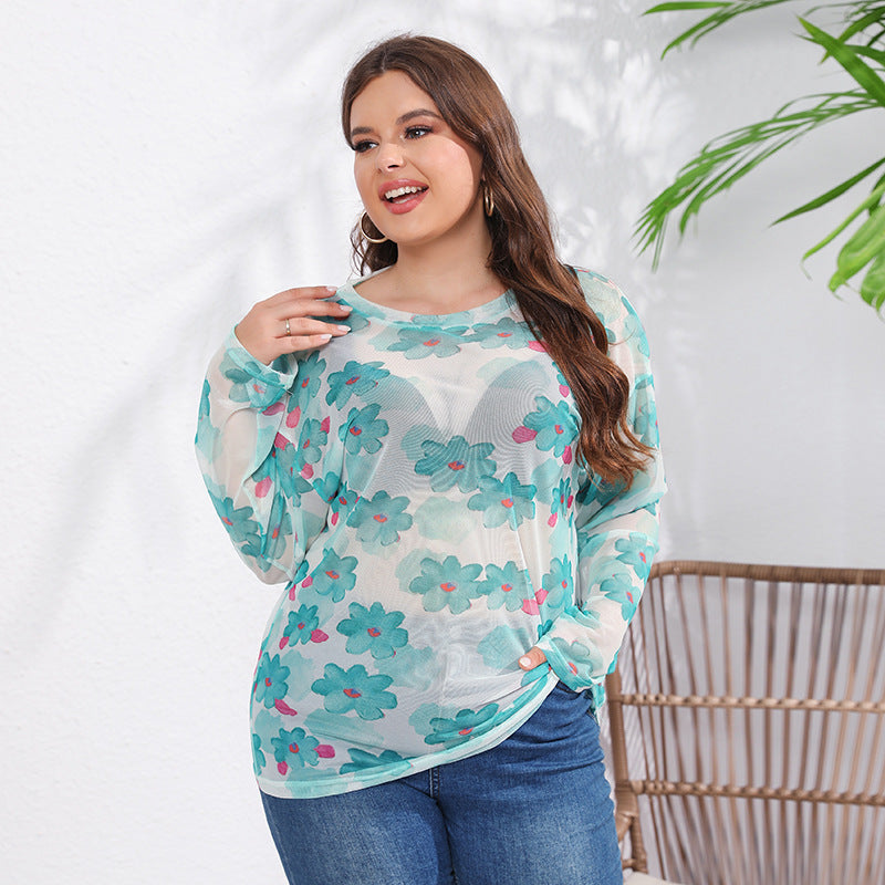 Green Mesh Crewneck Long Sleeve Top – Casual Printed Tee