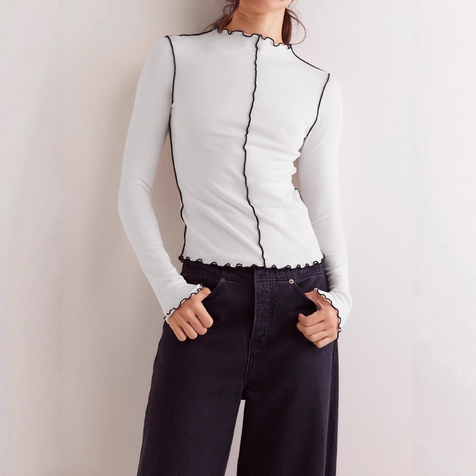 Color-Block Curling Fake Collar Long-Sleeve Versatile Womens Shirt