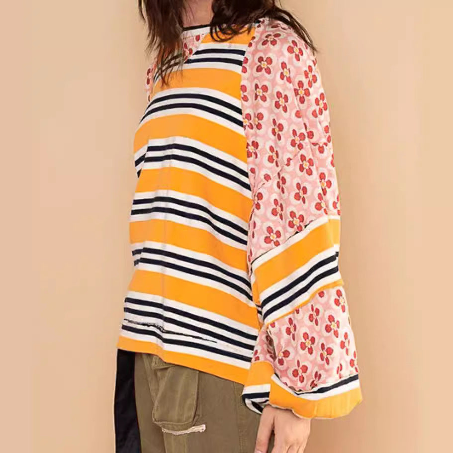 Women's Color Block Print Loose Long Sleeve Pullover Top