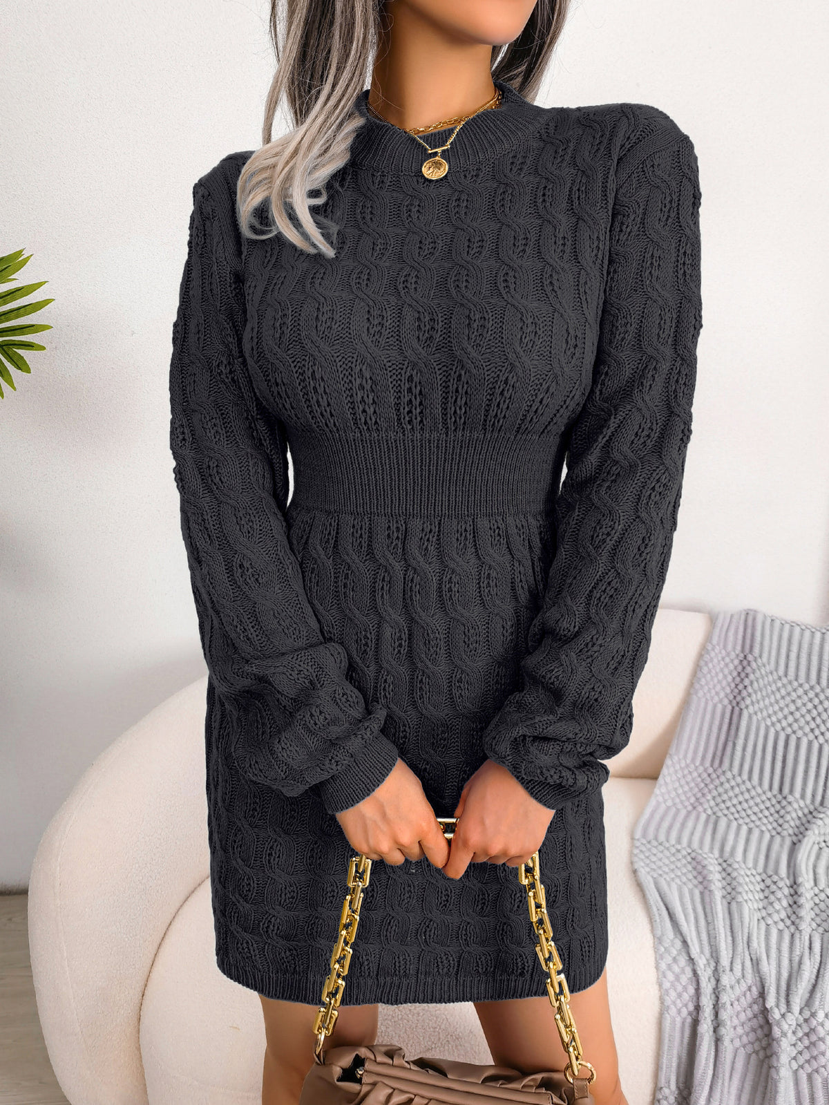 Casual Cable Knit Waist Cinched Bodycon Sweater Dress