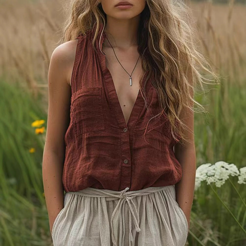 Women's Casual Loose Sleeveless Cotton Linen V-neck Pocket Vest Shirt