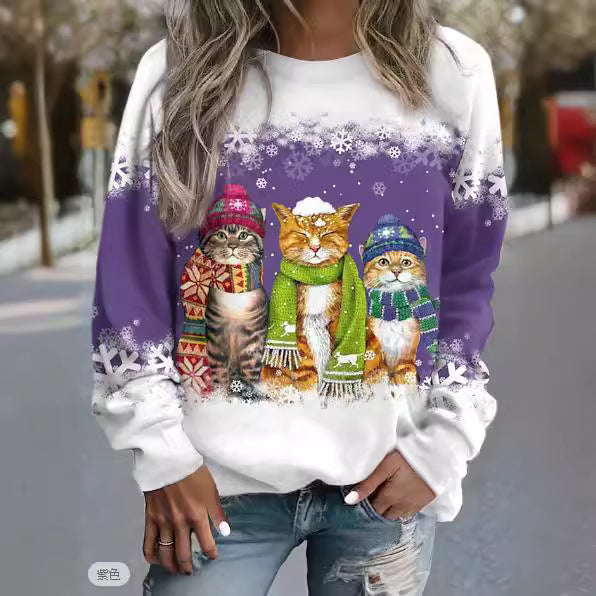 Festive Christmas Snowman & Cat Long Sleeve Casual T-Shirt