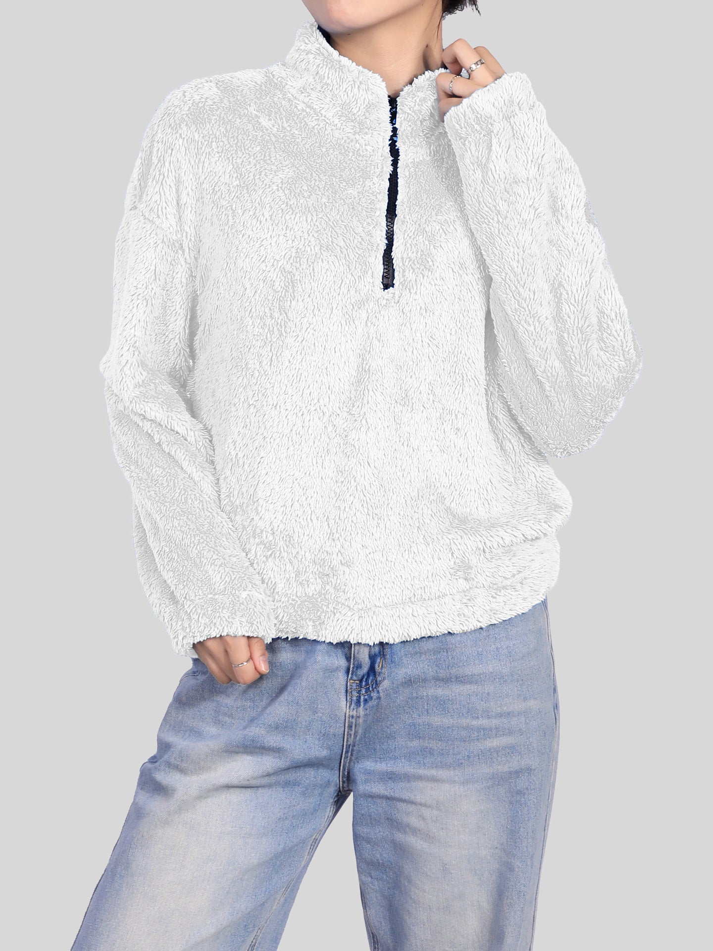 Thermal Half-high Collar Long Sleeves Zipper Design Loose Casual Top