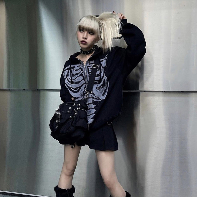 Edgy Skeleton Print Long Sleeve Cardigan Sweatshirt