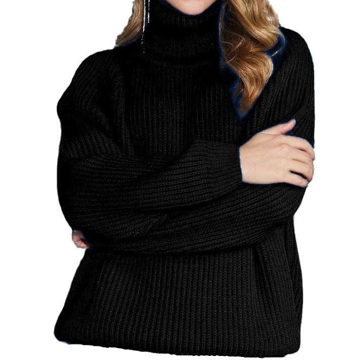 Womens Solid-color Loose-fit Turtleneck Knitted Sweater