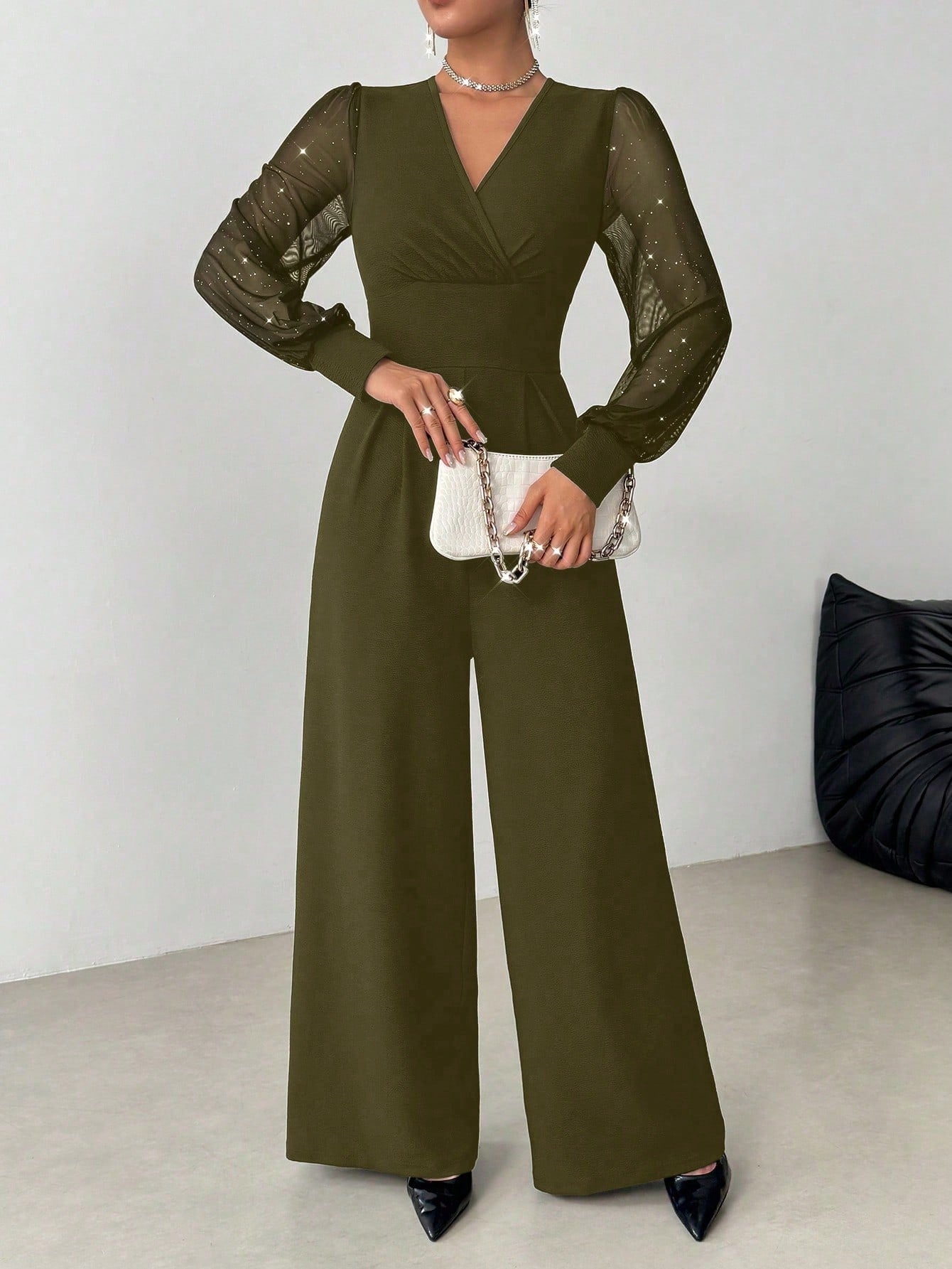 V Neck Defined Waist Sexy Mesh Patchwork Straight Suit For Women