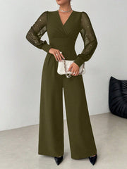 V Neck Defined Waist Sexy Mesh Patchwork Straight Suit For Women