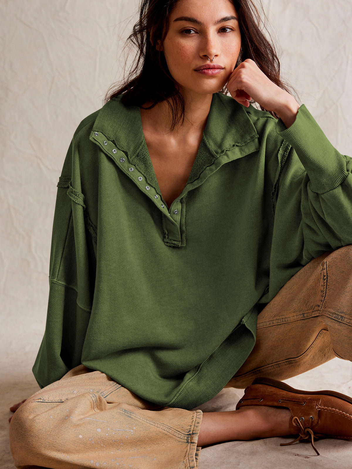 Chic Button Lapel Lantern Sleeve Sweatshirt