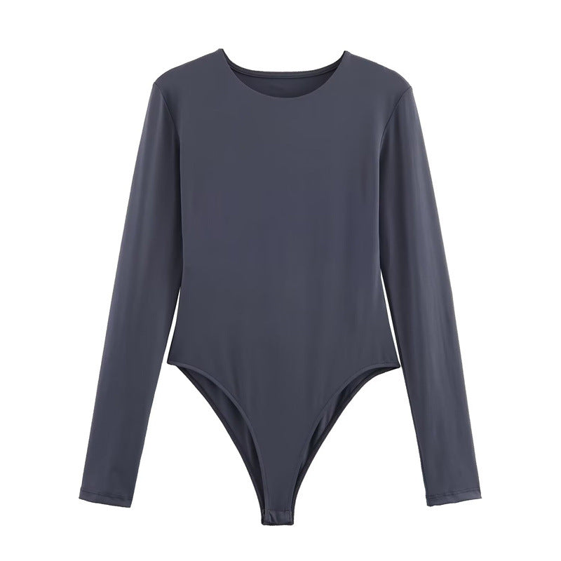 Women's Long-Sleeve Pleated Bodysuit Sleek Commuter Romper