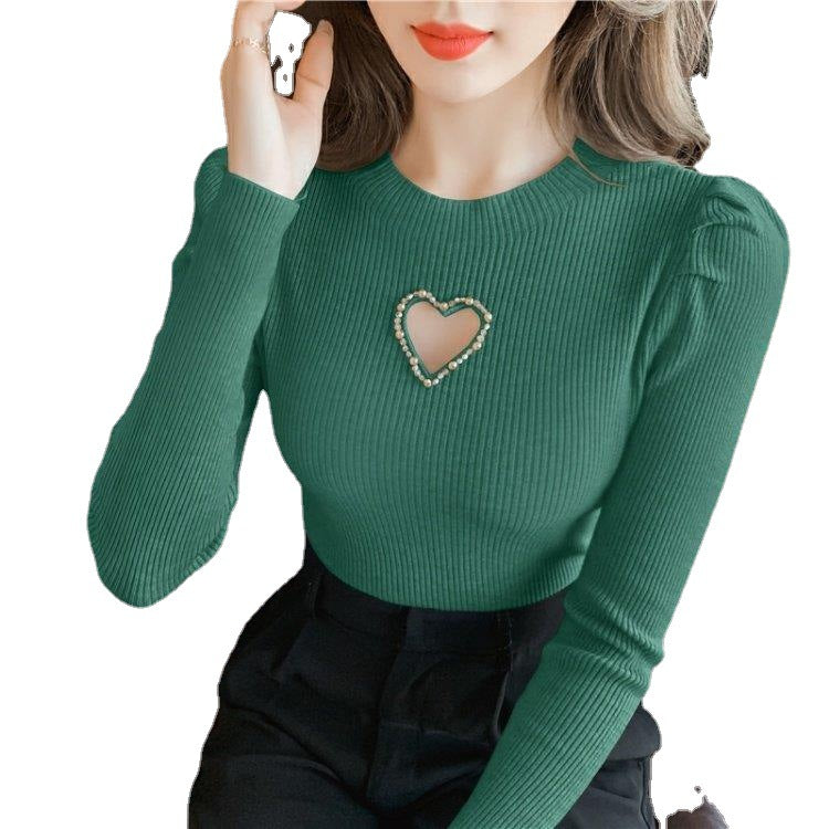 Women's Hollow Heart Beaded Slim-Fit Knit Pullover Sweater