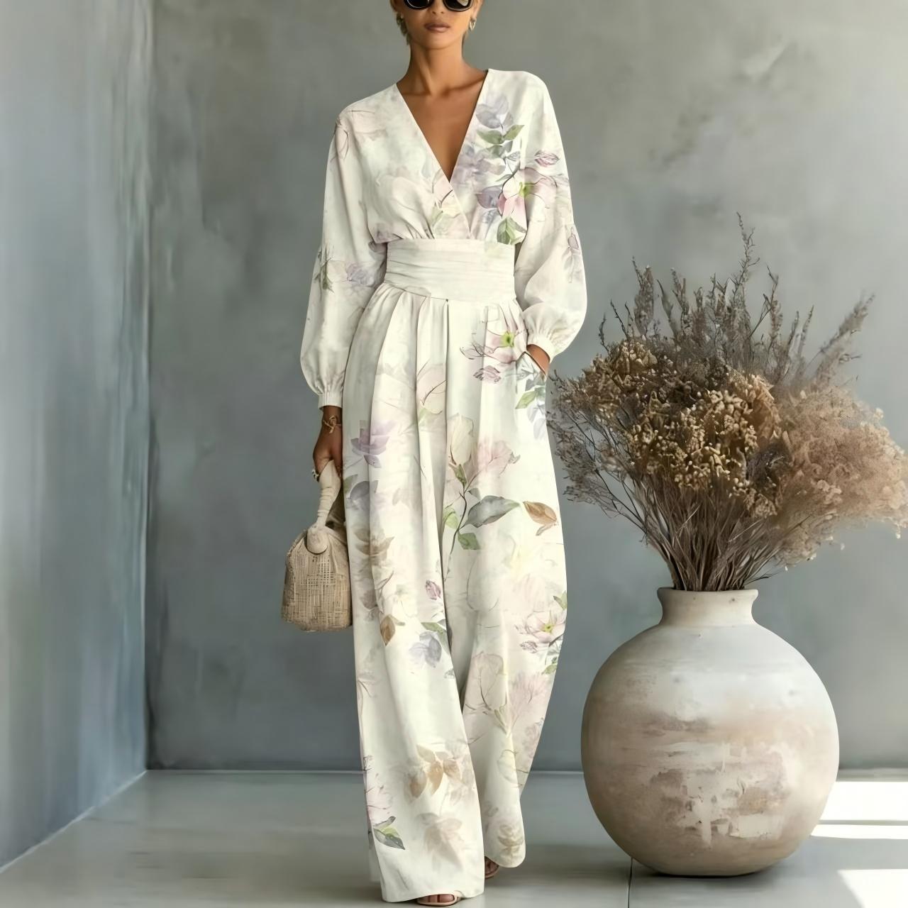 V-neck Long-sleeve Womens Printed Jumpsuit