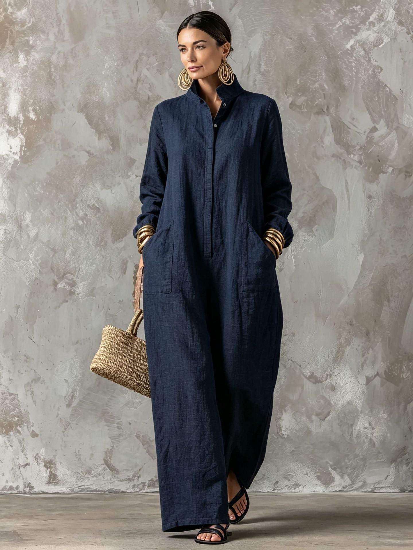 Chic Mandarin Collar Wide-Leg Long Sleeve Jumpsuit