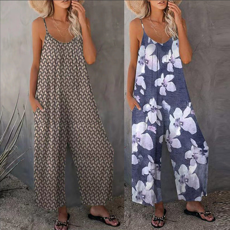 Womens Printed Strap Loose Wide-leg Jumpsuit