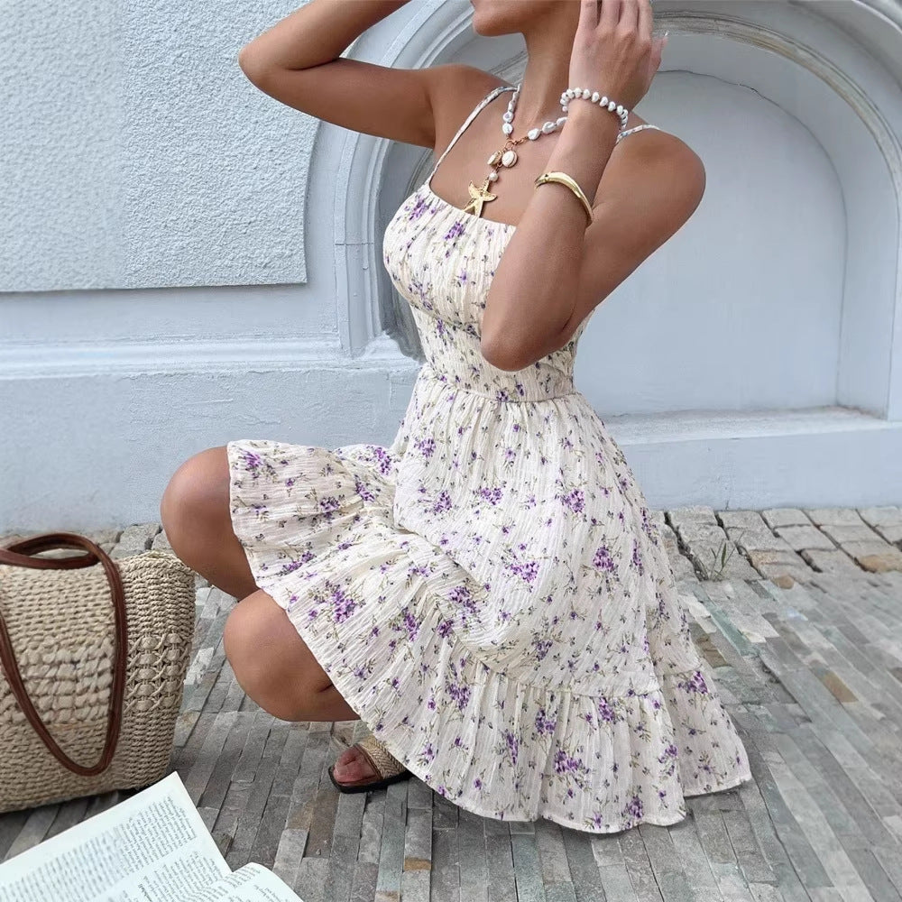 Elegant Floral-print Strap Dress with a Fitted Waist