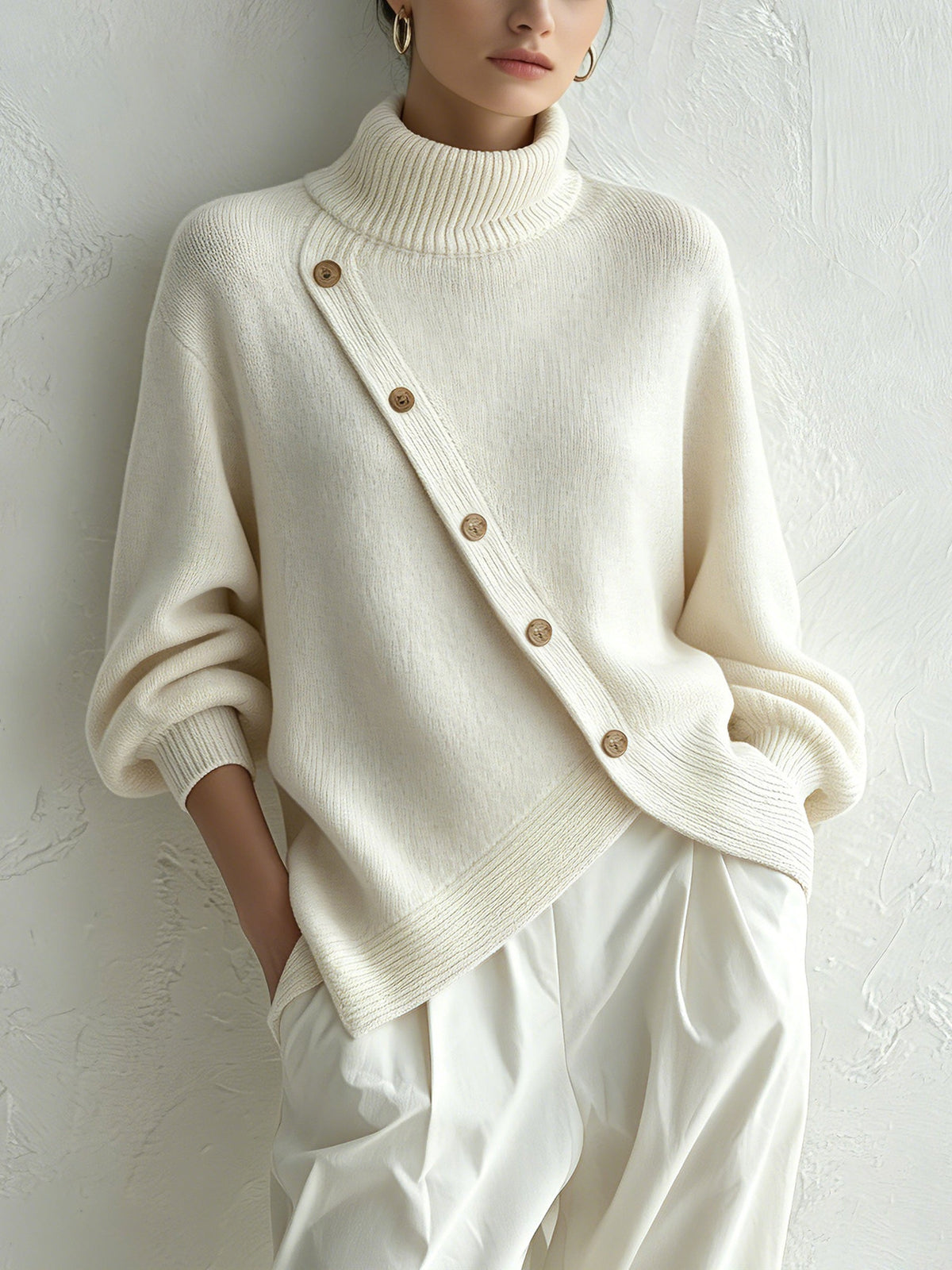 Womens Turtleneck Laid-back Style Sweater with a Slit Knitted Bottoming Piece