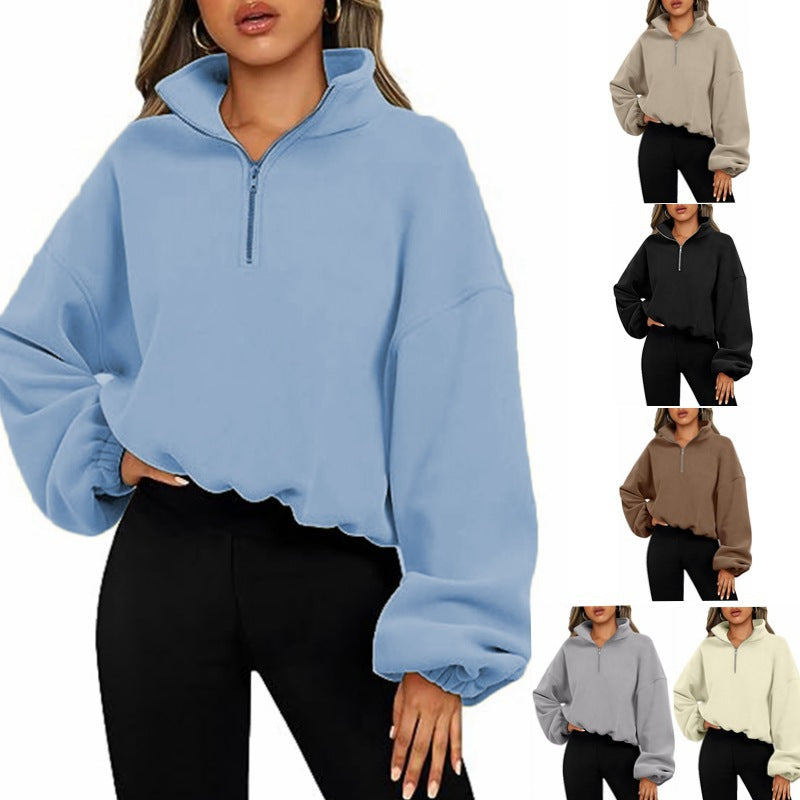 Women's Half Zipped Stand Collar Drawstring At Hem Polar Fleece Autumn Winter Sweater