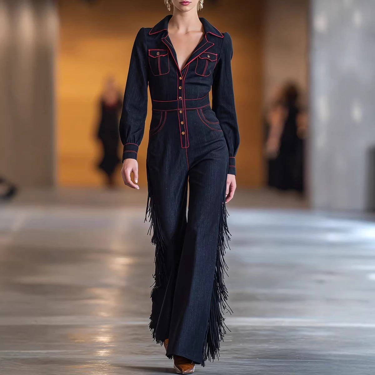 Long-Sleeve Tassel Flared Jumpsuit