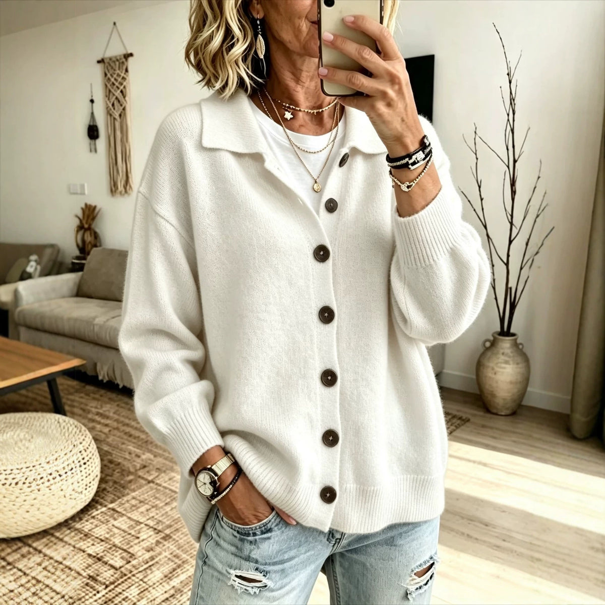 Knitted Cardigan with Buttons and a Lapel Womens Outerwear