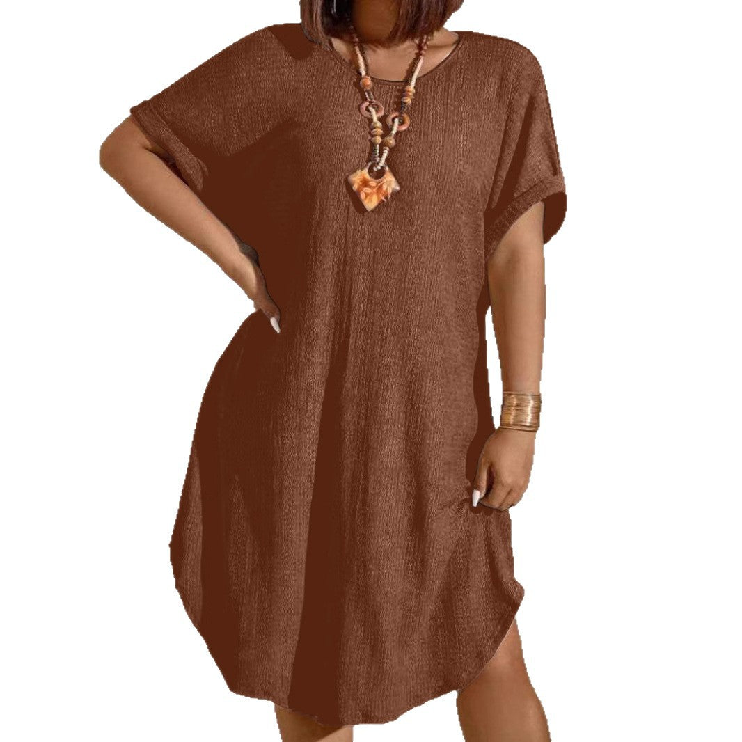 Womens Solid-color Loose-fitting Casual Round-neck Dress