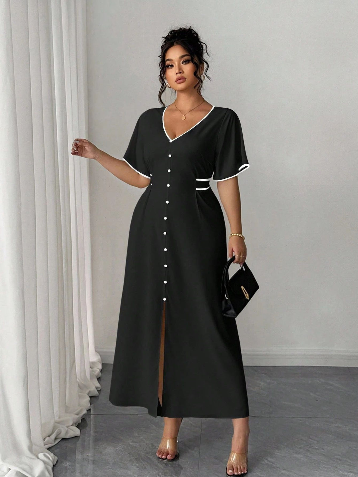 Elegant Plus-Size Contrast Slit Dress