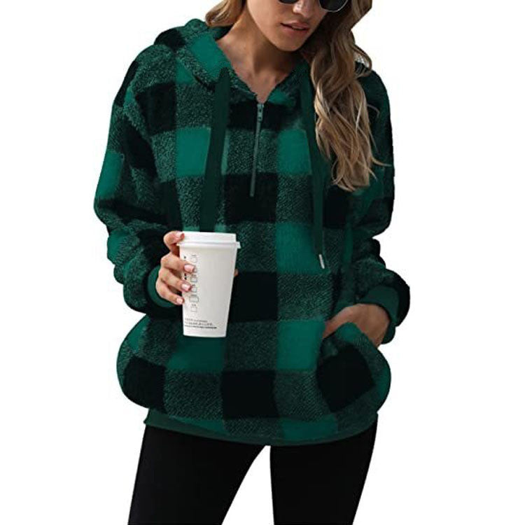Plush Zip-Up Hooded Sweatshirt with Pockets