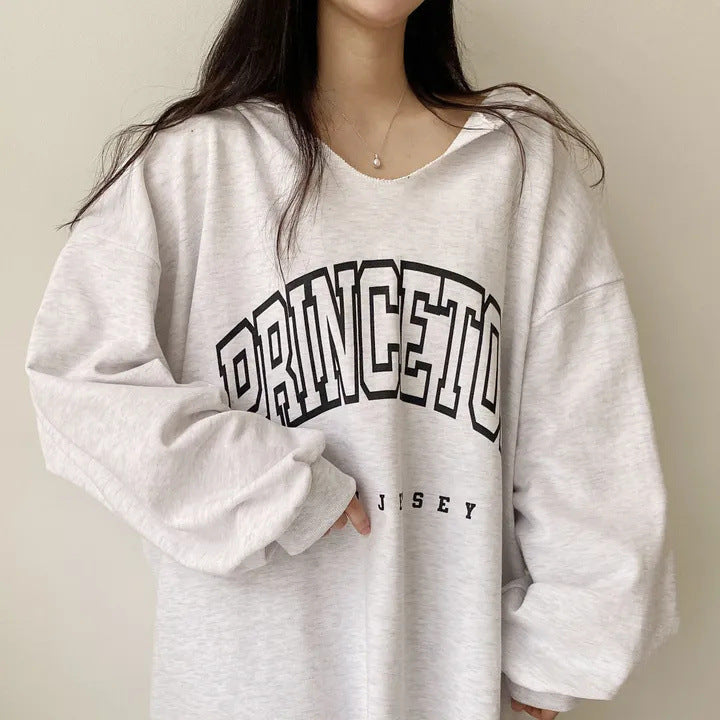 Korean Style Letter Print Loose Hooded Casual Sweater