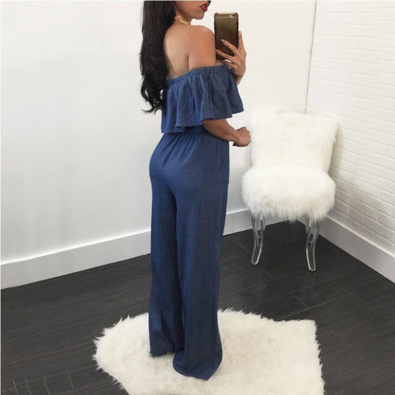 Women's Sexy Wide-Leg Denim Ruffled Jumpsuit