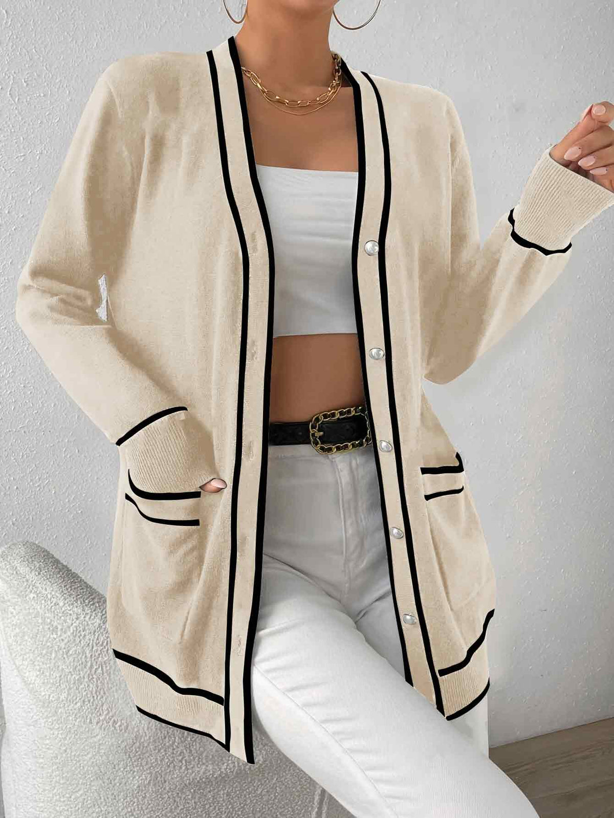 V-neck Striped Trim Knit with Button & Pocket Loose Cardigan